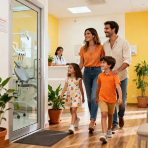 Familia española sonriente en una clínica dental amigable y luminosa
